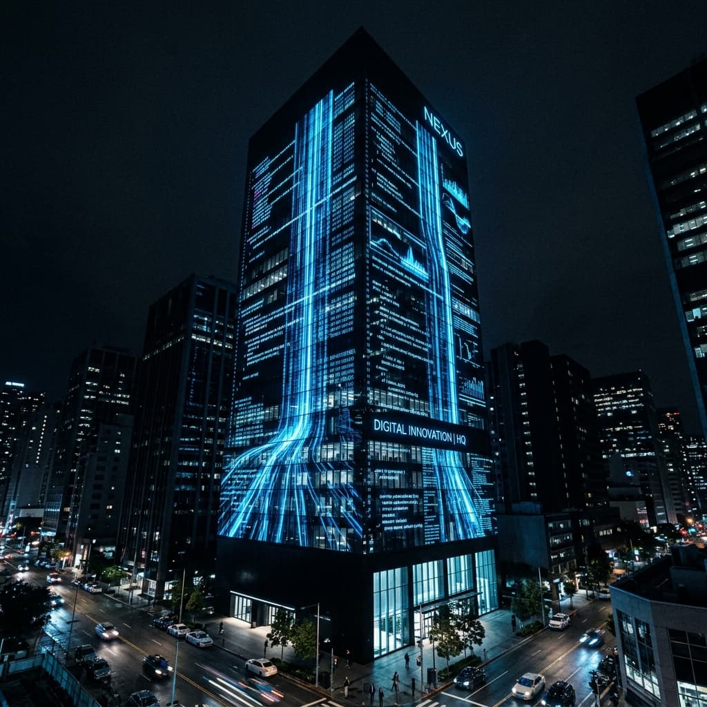 "Secular office space with glass walls reflecting modern urban landscapes, subtle tech motifs, neutral tones, subtle shadow gradients."  